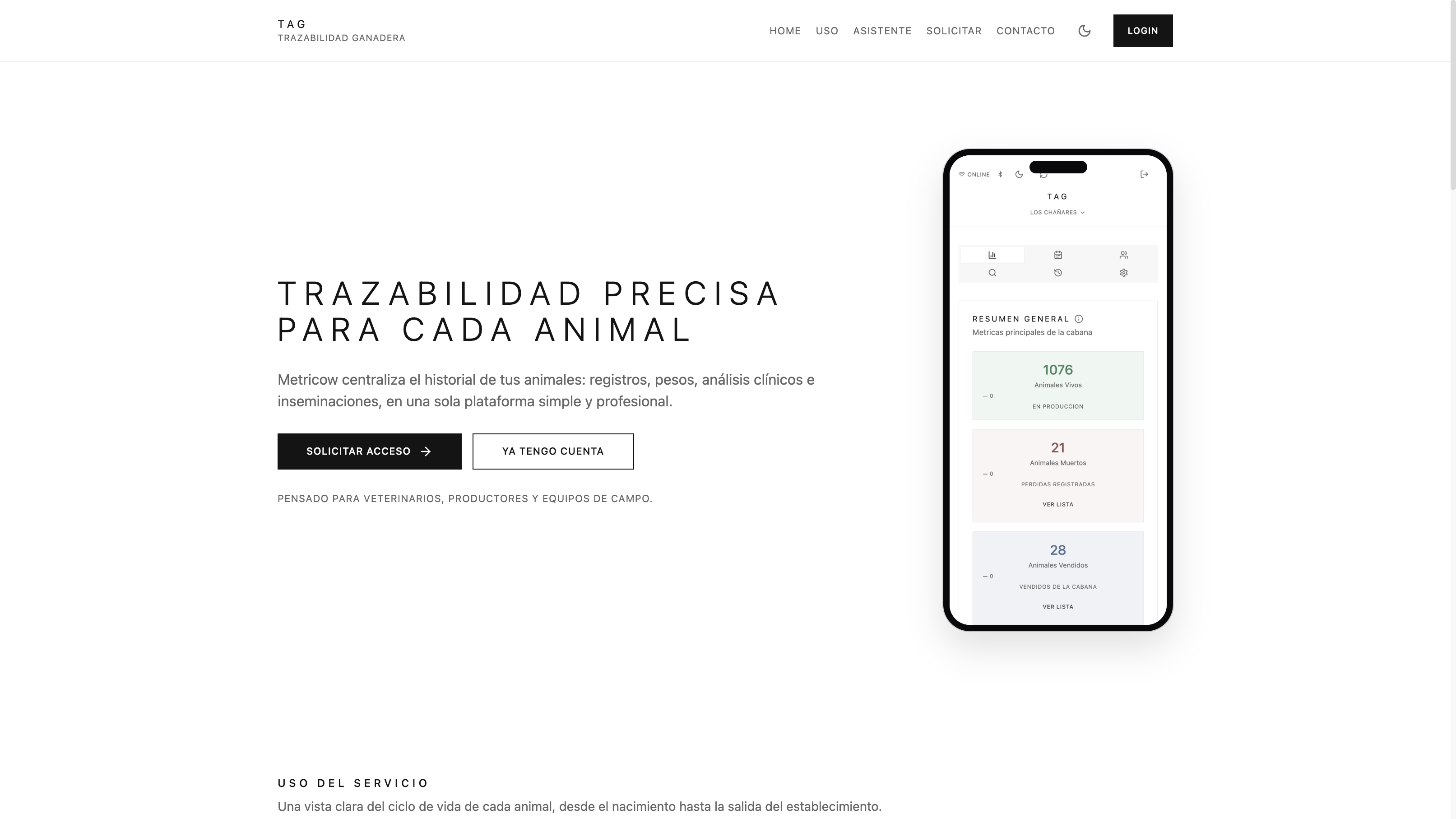 MetriCow light landing page with livestock summary on a phone